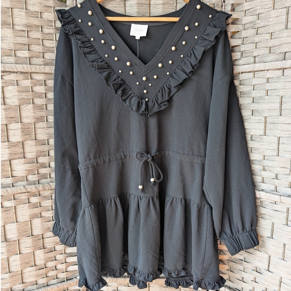 Anthropologie Sundays‎ Gemma Pearl Embellished Ruffle Mini Dress Black Sz M NWT